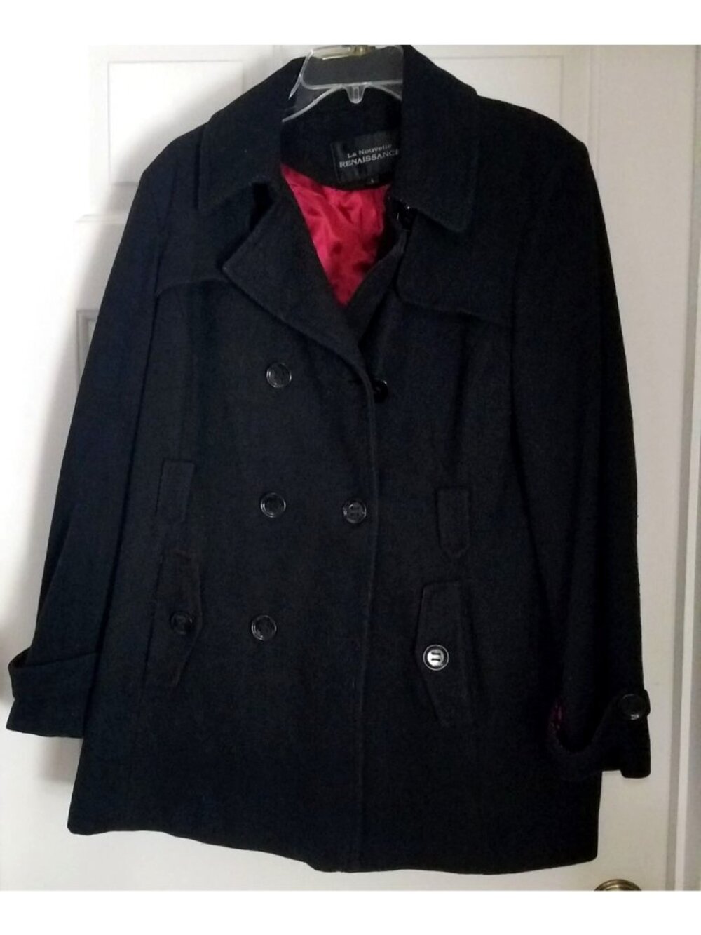La Nouvelle Renaissance Black Peacoat Large Womens Double-Breasted Wool Blend